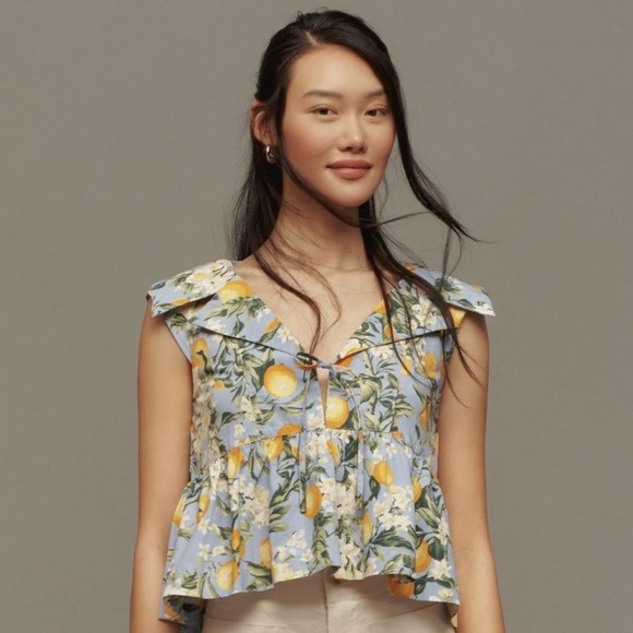 Maeve By Anthropologie Lemon/Floral Babydoll Top - Picture 2 of 5